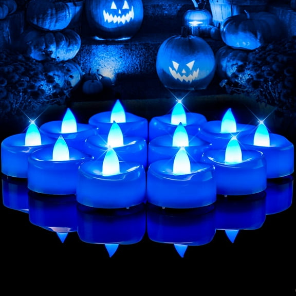 Merrynights Flameless Candles 24Pack, Tea Lights Battery Operated, Fake LED Votive Candles Flickering, Last 150  Hours - Ideal for Halloween Christmas Party Decor - Dia 1-1/2” x H 1-1/4”- Blue Candles