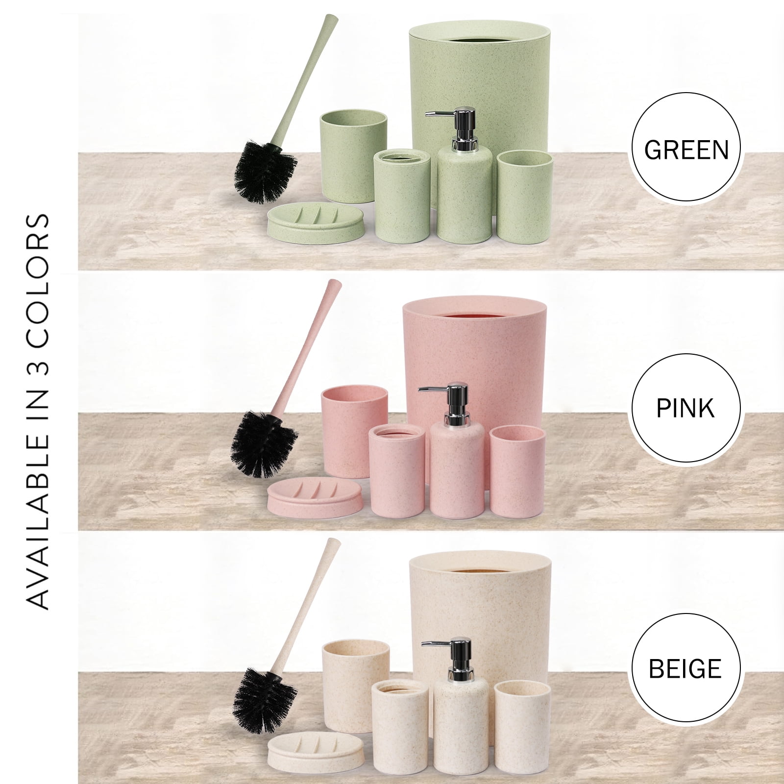 CERBIOR Bathroom Accessories Set 6 Piece Wheat Straw Bath Ensemble Includes Soap Dispenser, Toothbrush Holder, Toothbrush Cup, Soap Dish for Decorative Countertop and Housewarming Gift, Pink