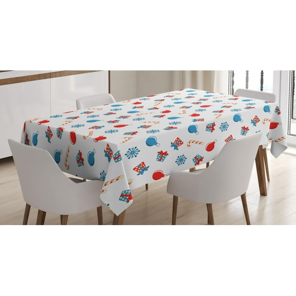 Ambesonne Christmas Tablecloth Rectangular Table Cover, Noels Presents, 52"x70", Scarlet Blue Beige