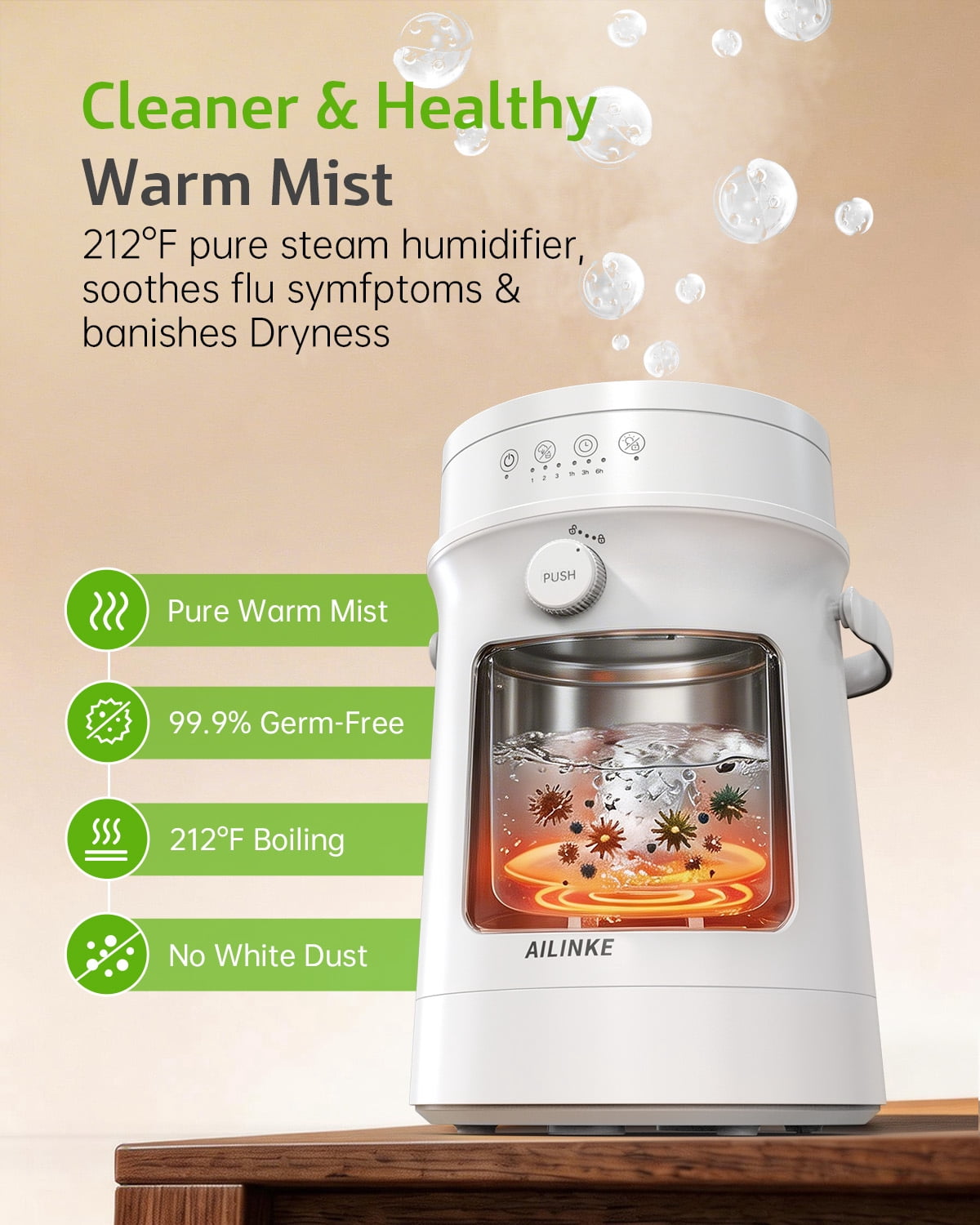 Stainless Steel Humidifier for Bedroom, Warm Mist Steam Humidifier 4L with Auto Self-Cleaning Mode, Easy Clean & Dishwasher Safe for Large room Living Room Home Office, Tip-Over Protection, White