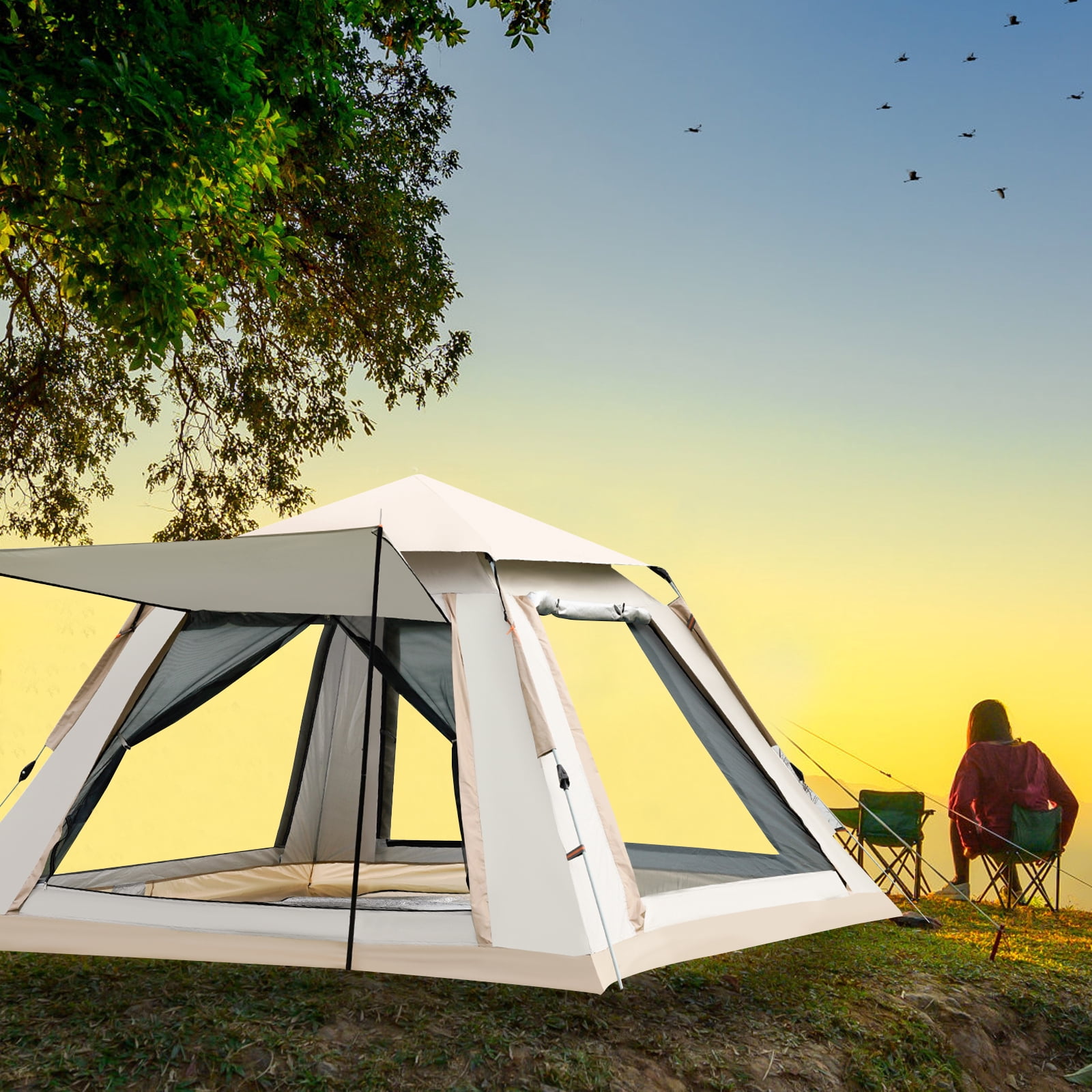 TOPCHANCES Outdoor Camping Tent for 3-4 Person, Automatic Pop-Up Tent, Waterproof & Windproof For Family Hiking, Car Trip - Beige