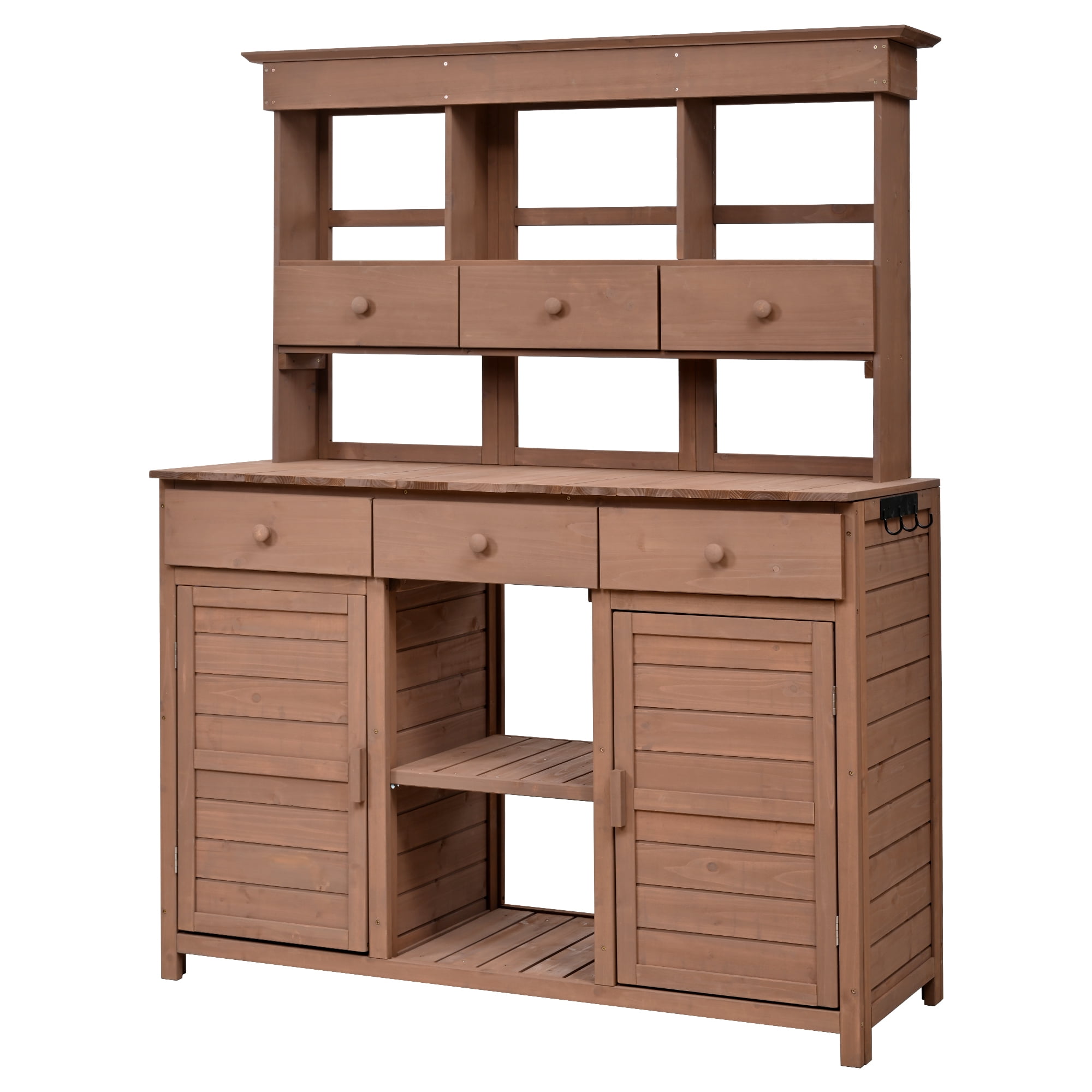 MAYEERTY 65.7" Tall Garden Potting Bench Table with Hutch – Rustic Outdoor Workstation with 3 Shelves, 6 Drawers, 2 Cabinets & Side Hooks