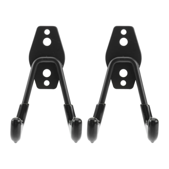 2 Pcs Garage Storage Utility Hooks Wall Mount Hanging Hooks Metal U-Hooks Tool Organizer Holder in black. Heavy-duty iron construction supports up to 40 lbs per hook when installed correctly. U-shaped design with pre-drilled holes allows quick mounting on drywall, wall studs, or other surfaces. Perfect for organizing tools, ladders, garden hoses, snow shovels, and other heavy items in garages or sheds, making spaces neater and more functional.