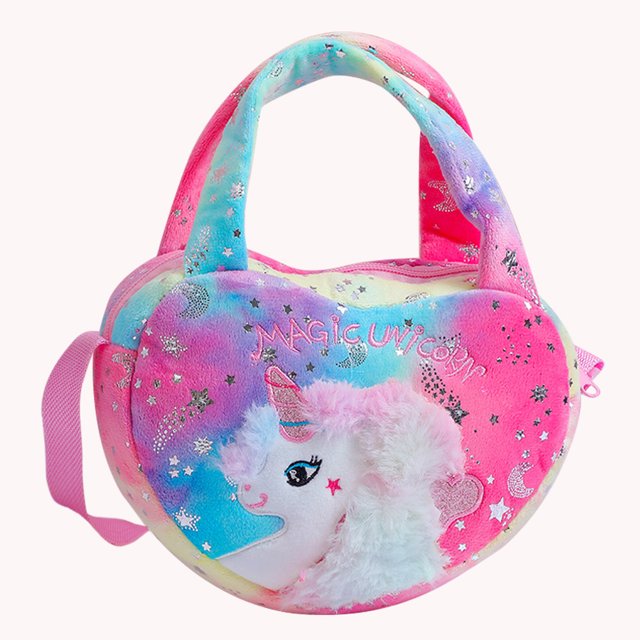 Bolso bandolera de felpa suave de unicornio Bolso lindo de alpaca para niña (Corazón rojo rosa)