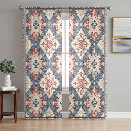 Blue Red Geometric Sheer Curtains 96 Inch Length 2 Panels Set Vintage Southwest Ethnic Modern Voile Window Treatment Semi Sheer Long Curtains Drapes for Bedroom/Living Room/Kitchen 52 x96 x2