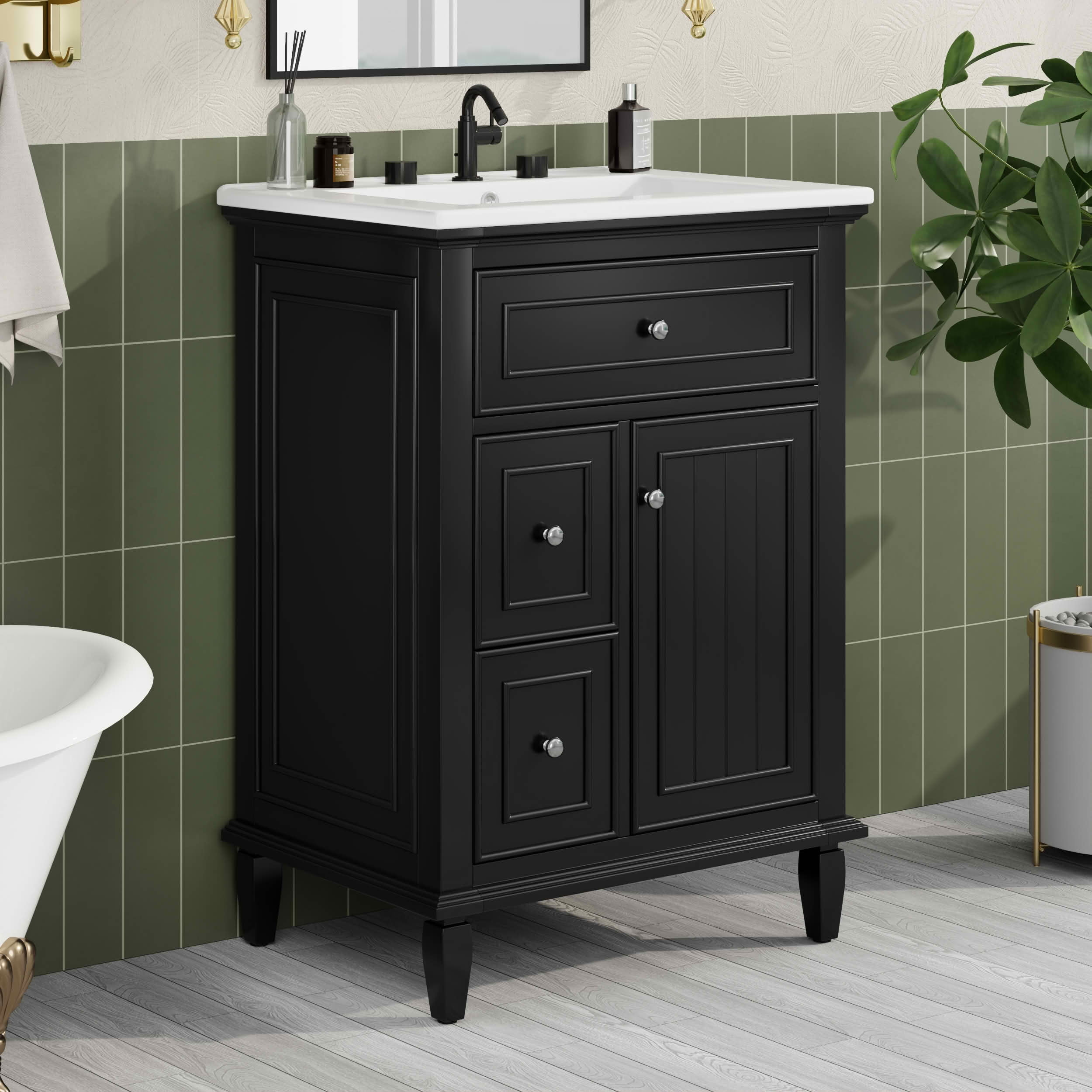MAYEERTY 24" Bathroom Vanity with Sink, 1 Flip Drawer 2 Drawers Adjustable Shelf, Solid Wood MDF, Black