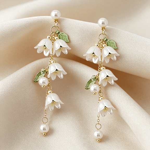 DESIGNICE Flower Leaf Earring for Women White Lily of the Valley Flower Dangle Long Tassel Earrings Summer Fairy Jewelry Ethereal Delicate Lily of the Valley Flower Earrings