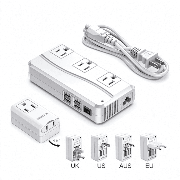 250W Voltage Converter 220V to 110V, Travel Converter US to Europe with 4 USB Ports, 3 AC Sockets 4-in-1 Adapter Suitable for UK/AU/US/EU