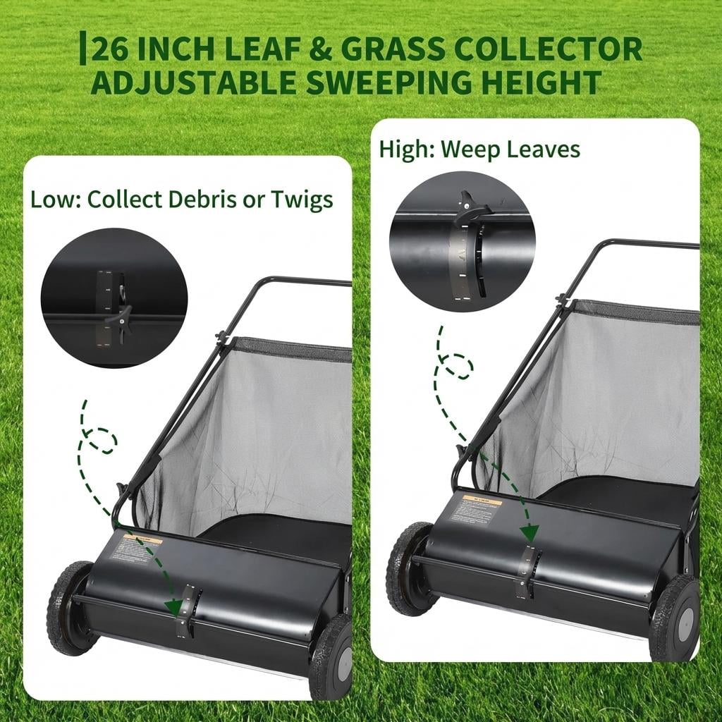 AIKKYS 26 Inch Heavy Duty Push Lawn Sweeper with 4 Spinning Brushes,Steel Frame 7 Cu. Ft. Leaf & Grass Collector,Adjustable Height,Black