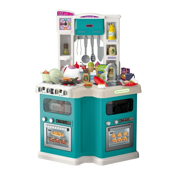 PINGÜE® Role Play | Set a Escala Cocina de Juguete, 98 Piezas con Luces y Sonido, Diseño Esquinero con 2 Vistas, Funciones Reales: Vapor y Grifo Funcional, Tamaño 57x30x79 cm, Edad 3+. Juguetes Niñas