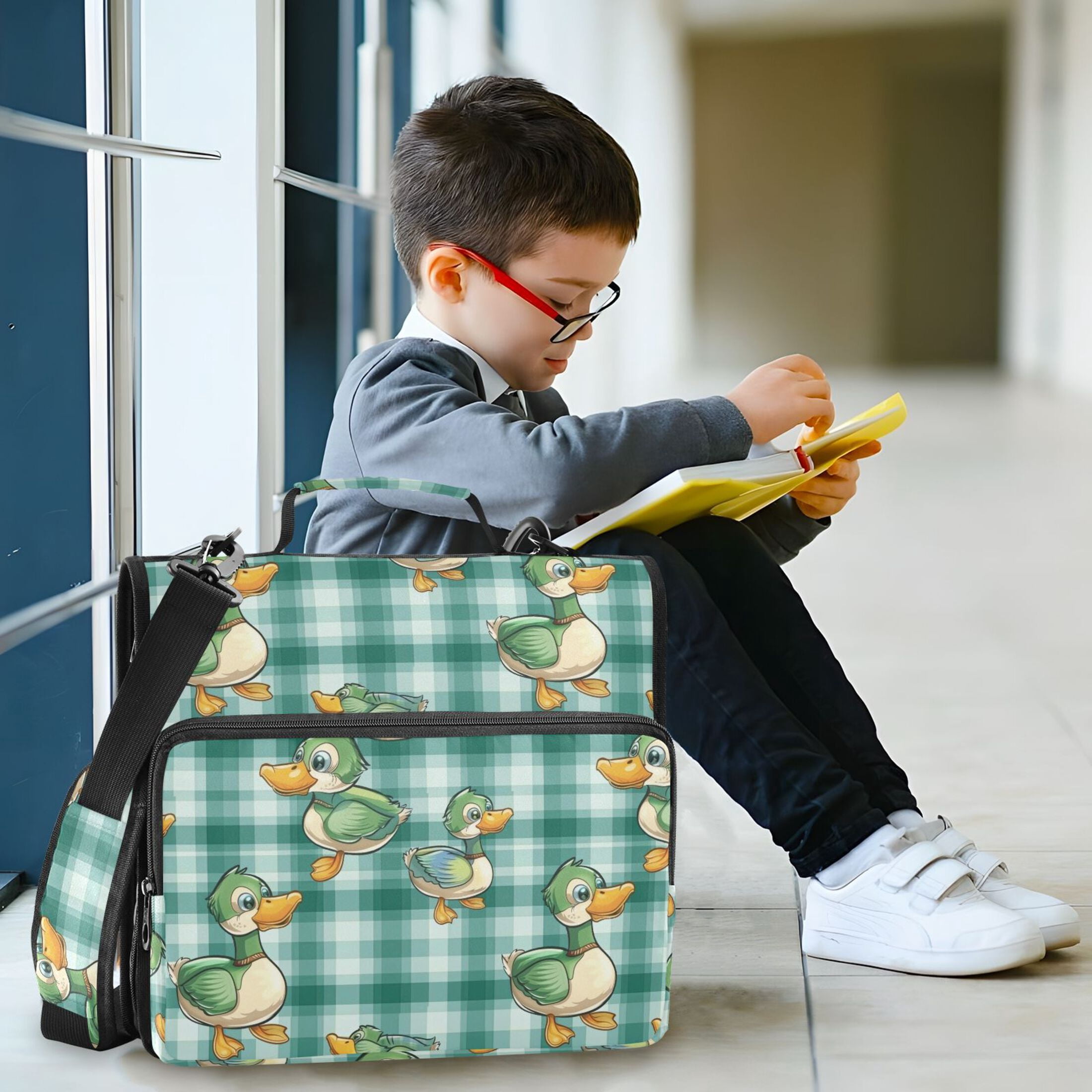 3 Ring Zipper Binder with Shoulder Strap Waterproof Trapper Keeper 2 Inch D-Ring 500 Sheets Capacity Cute Ducks on Plaid