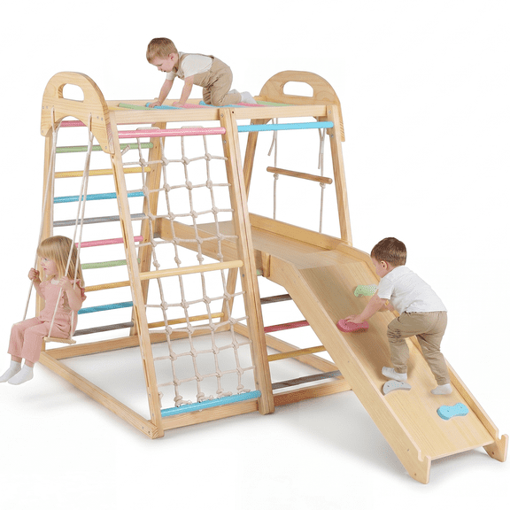 OLAKIDS Indoor Jungle Gym, 8 in 1 Wooden Montessori Baby Climbing Toys with Adjustable Ramp, Swing Slide Monkey Bar Rope Ladder Waiting Area Climb Net
