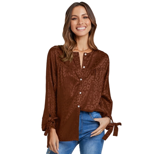 VISgogo Blusa de Mujer Leopardo Estampado Jacquard Botones Cuello Redondo Manga Larga Casual Camisas VISgogo moda