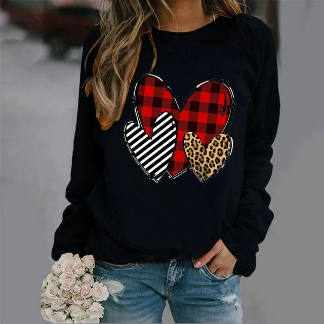 Styesk Chandails à Manches Longues pour Femmes, Imprimé de Cœur, Hauts de Sortie, T-Shirts Confortables et Doux à Col Rond, Chandail à Enfiler, Mode, Ample, Léger, Chandail en Molleton, Graphique de la Saint-Valentin, Hauts Décontractés
