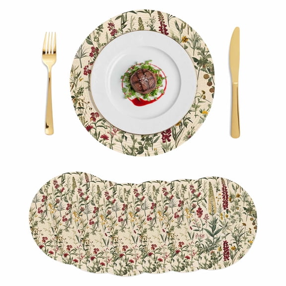 Vintage Plant Round 13 Inch Placemats Set of 6, Boho Botanical Flowers Green Leaf Ferns HeatResistant Non Slip Place Mats for Dining Table, Wipeable Braided Kitchen Table Mats for Housewarming