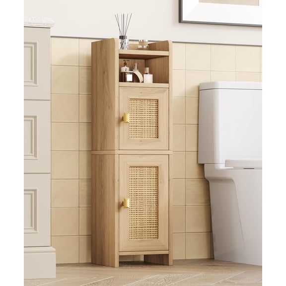 Rattan Small Bathroom Cabinet with Open Shelf Wooden Floor Unit | 7.9''D x 7.9''W Narrow Toilet Paper Cabinet with Adjustable Shelf, Corner Cabinet for Small Spaces, Natural Oak