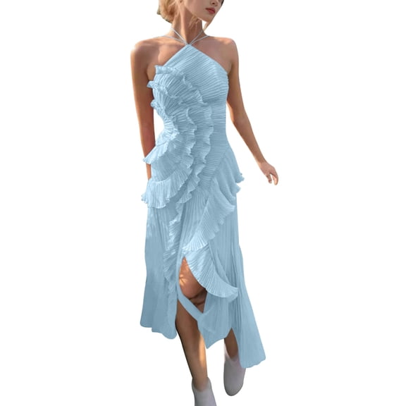 Kvture Women's Ruffle Halter Chiffon Maxi Dress Elegant Summer Sleeveless Cocktail Party Formal Wedding Guest Dresses Blue