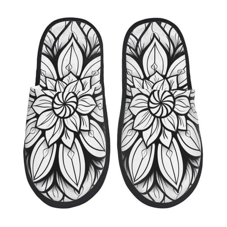 Balery Mandala Floral Line Art Slient Indoor Furry Fleece Comfort House Shoes Soft Non-Slip Home Shoes Cotton slippers House Slippers-- Medium