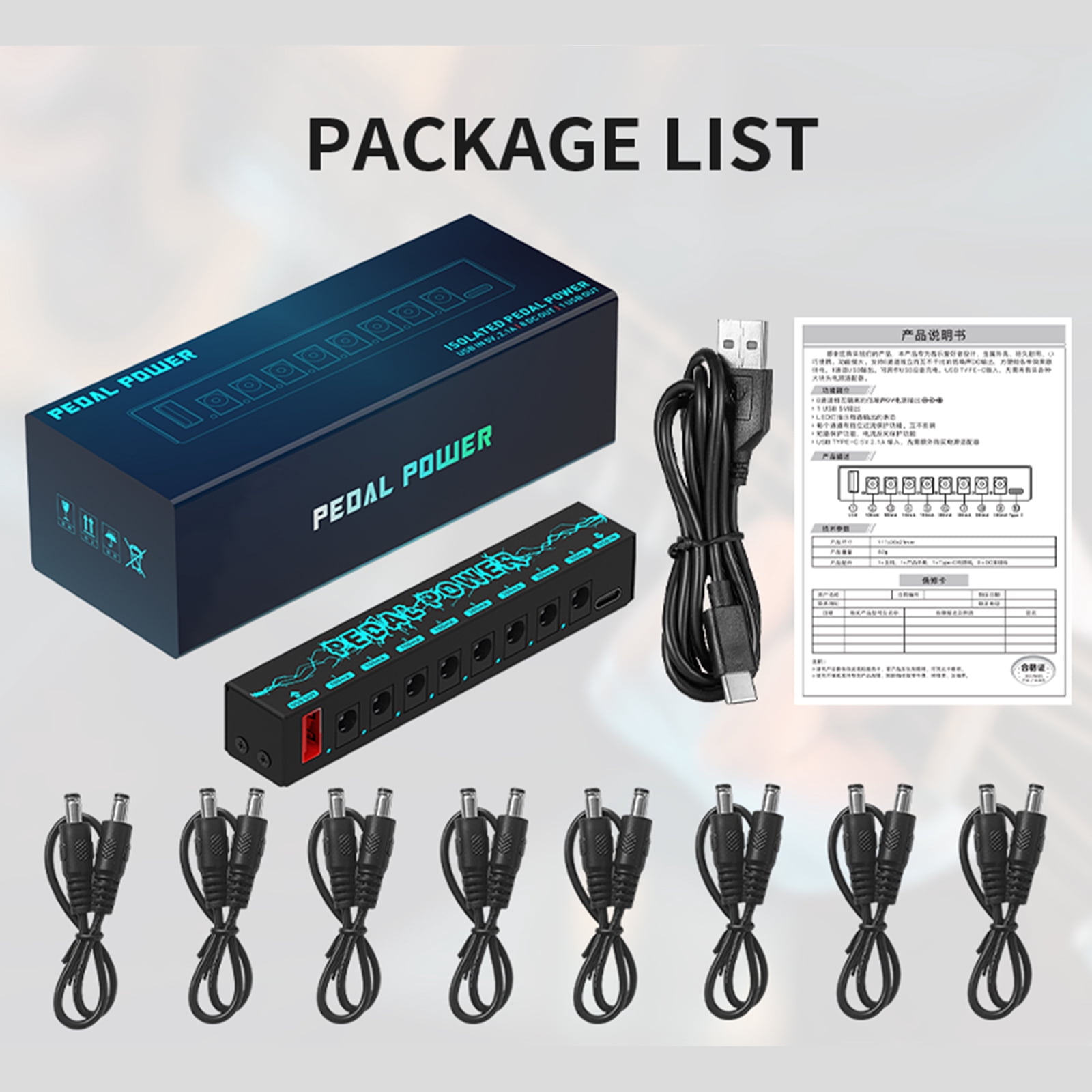 Guitar Pedal Power Supply Effect Pedal Board Power Supply 8 Isolated Output for 9V Effect Pedals Power with Blue LED
