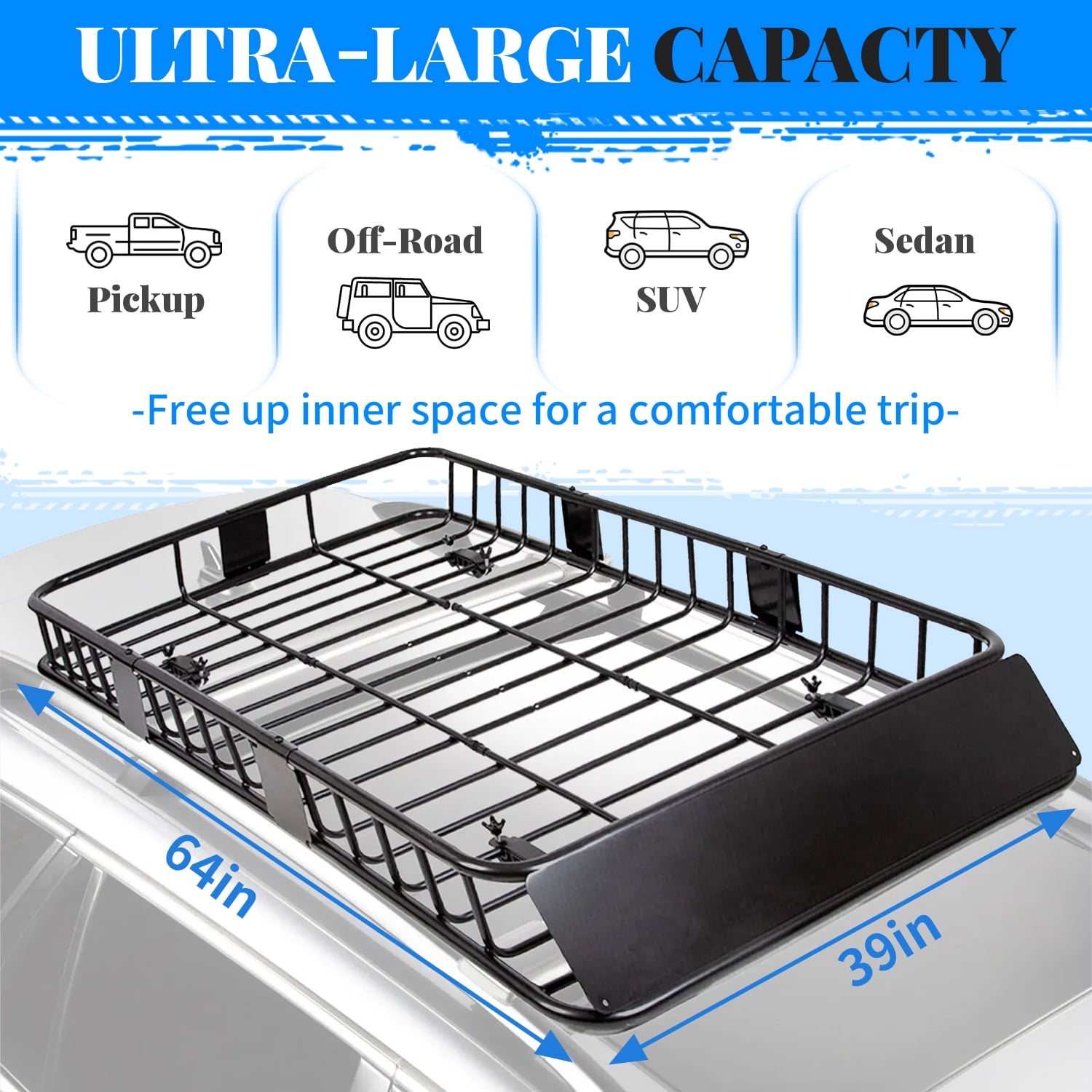 HECASA Upgrade Adjustable Roof Rack Cargo Carrier with Extension,64" x 39" x 6'' Universal, 250LBS Weight Capacity Heavy Duty Steel Car SUV ,Top Luggage Storage Holder Basket for Travel