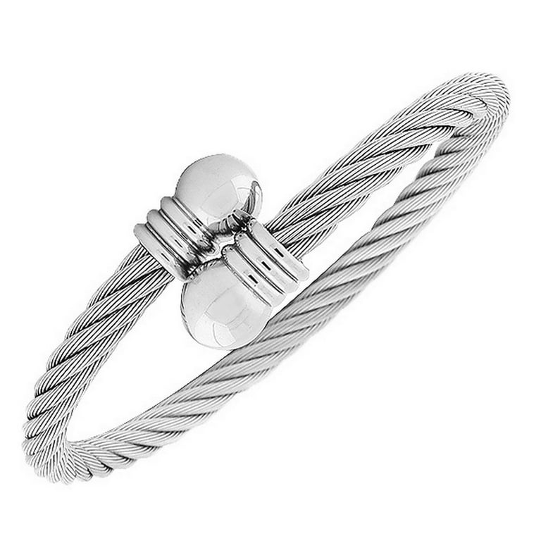 Silver-Tone Stainless Bracelet and Open Bangle Cable Twisted End Steel Alloy