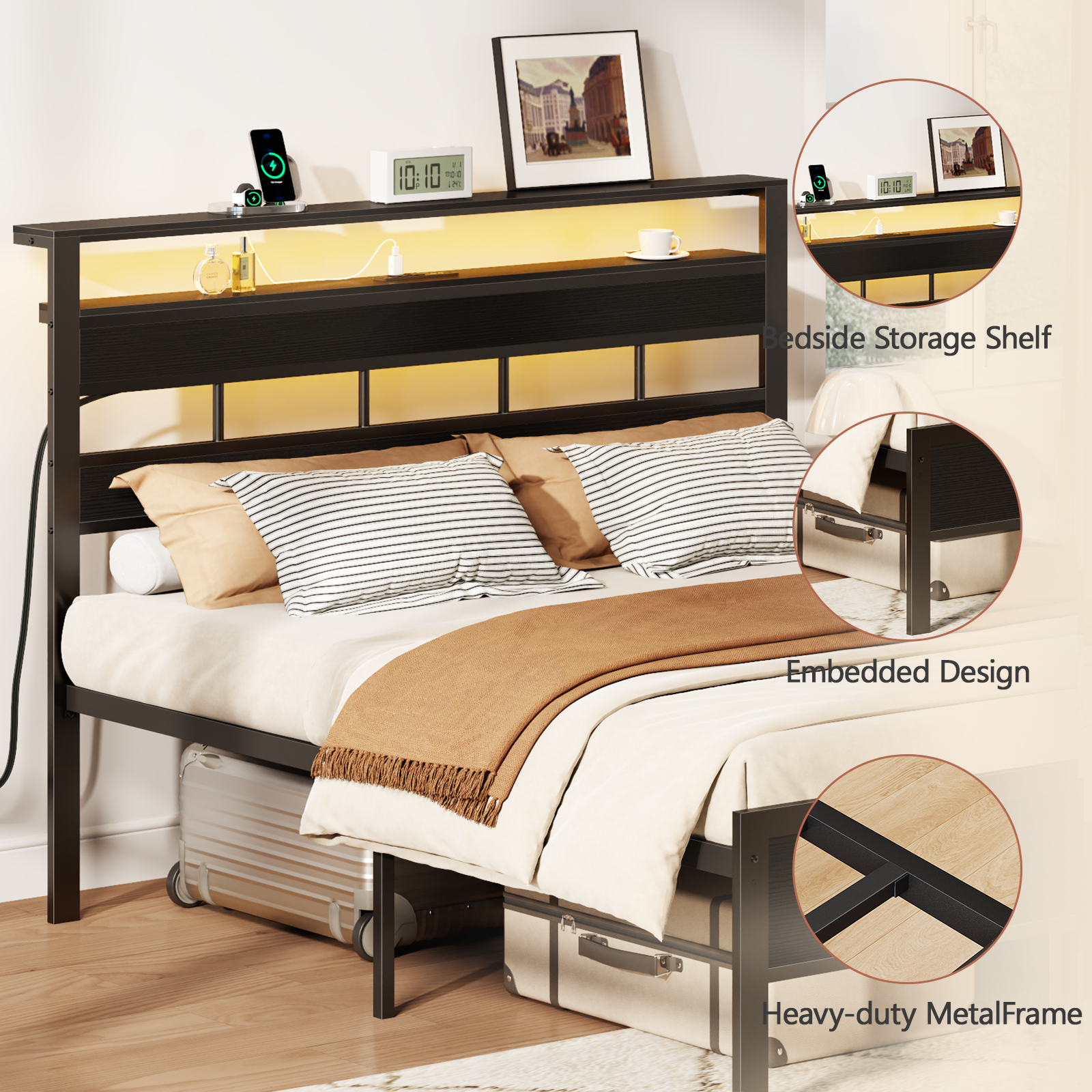 Tydimor Queen Platform Bed with LED Headboard and Storage photo 4
