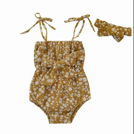 

Calsunbaby Infant Baby Girls Summer Two-piece Clothes Set Khaki Boat Neck Sleeveless Romper and Headdress