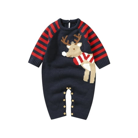 

Seyurigaoka Baby Girls Boys Christmas Romper Stripped Pattern Long Sleeve Round Neck One-Pieces Deer Print Knit Jumpsuit for Infant Kids