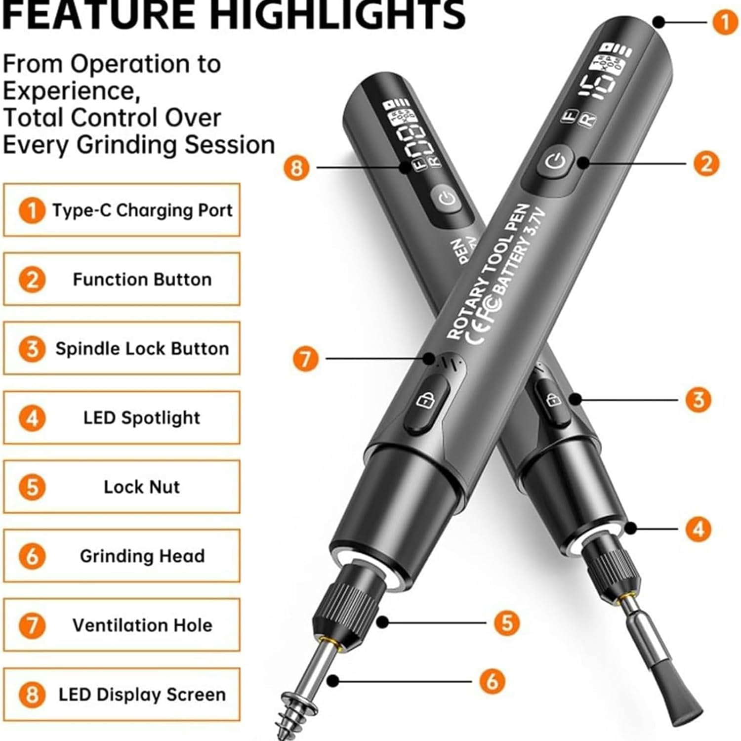 Mini Electric Rotary Tool Set with LED Light & Digital Display, Engraving Kit, 6-Speed Engraving Pen for Wood Carving, Glass Etching, Sanding, Small DIY Hobby Hand Tool (Gray)