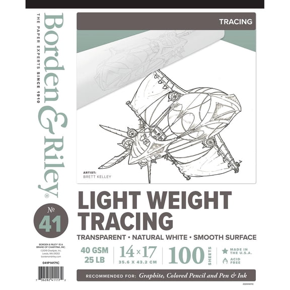 Borden & Riley 14" x 17" #41 Monroe Triple T Parchment Tracing/Light Paper Pad, 40 GSM/25 lb., 100 White Sheets, 1 Pad Each