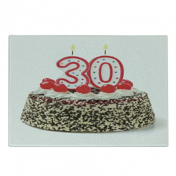 30th Birthday Cutting Board, Birthday Cake with Cherries on the Top and Burning Candles Number 30 Print, Decorative Tempered Glass Cutting and Serving Board, Small Size, Multicolor, by Ambesonne
