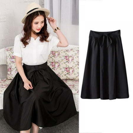 Elegant Women Skirt High Waist Pleated Knee Length Skirt Vintage A Line Big  Bow Red Black Side Zipper Skater Skirts