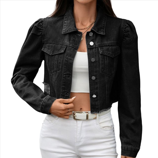 Chaqueta Vaquera Corta de Larga con Botones y Bolsillos para Mujer Gris Negro L