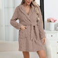 thumbnail image 2 of Women's Solid Color Long Sleeve Plush Bathrobe - Winter Warm Homewear, Khaki, M, 2 of 5