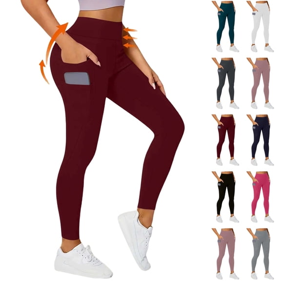 Seffadzy Women's Leggings High Waisted Tummy Control Lifting Side Pockets Stretchy Workout Yoga Athletic Pants Wine L