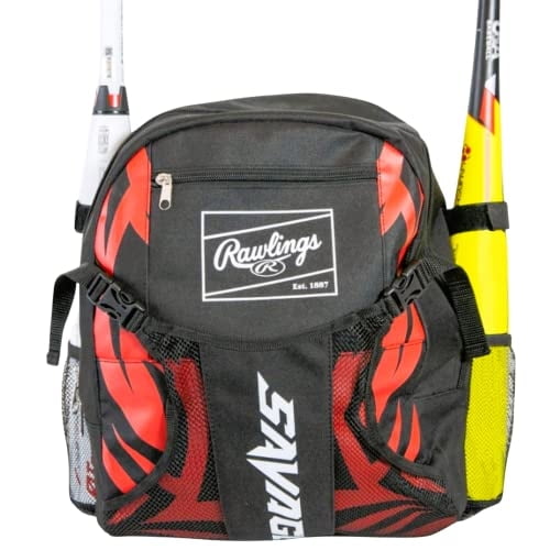 Bolsa béisbol Rawlings Savage Juvenil: Mochila bate niño - Resistente - Soporta 2 bates - Colgable - Negro/Rojo