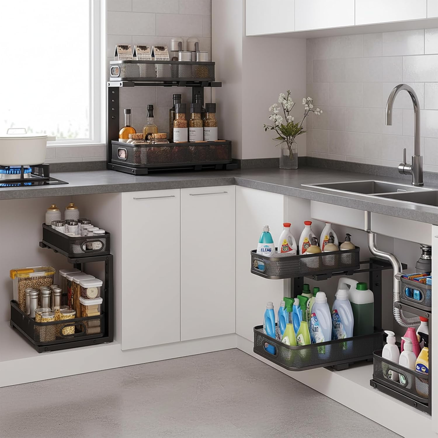 2 Pack Under Sink Organizer, Dual-Layer Pull Out Mesh Cabinet Rack with 5-Level Height Adjustment, Rust-Resistant Sliding Storage for Bathroom & Kitchen, Multi-Purpose 2-Tier Shelf(Black)