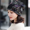 thumbnail image 6 of Autumn Winter Cap Soft Fashion Neck Warm Warmer Print Flower Beanie Velvet Bonnet Women Hat Bib Hats NAVY BLUE, 6 of 8