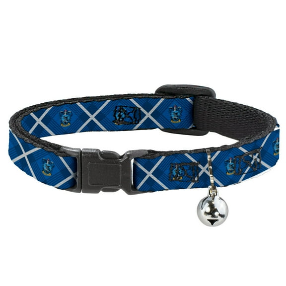 Harry Potter Breakaway Cat Collar With Bell, Plastic Clip, Easy Adjustable, Harry Potter Ravenclaw Crest Plaid Blues Gray, 8.5 to 12 Inches 0.5 Inch Wide