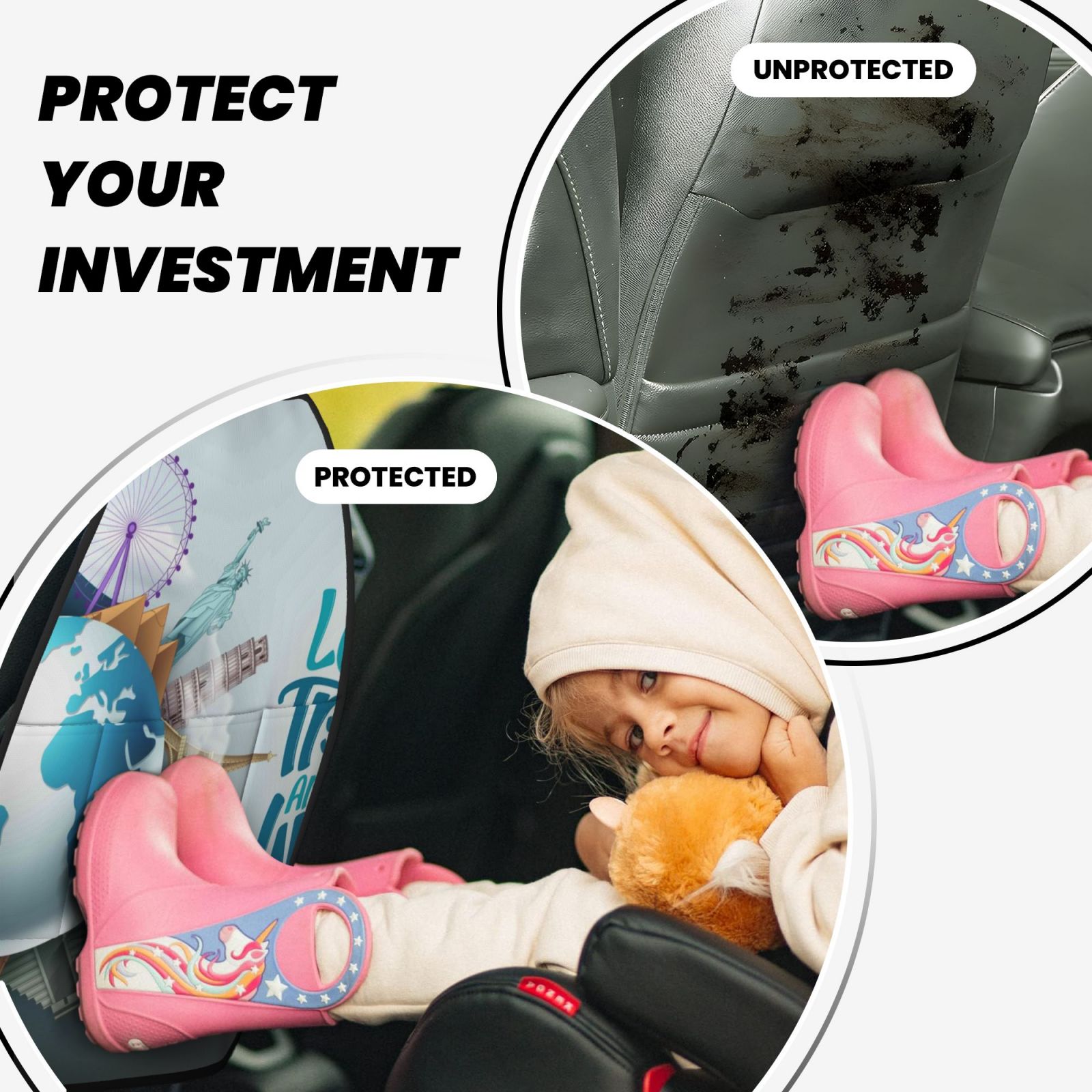 Xecao Let's go Travel Around the World Pattern Car Seat Back Protector 2 Pack Large Capacity Pocket, Kick Mats Back Seat Protector