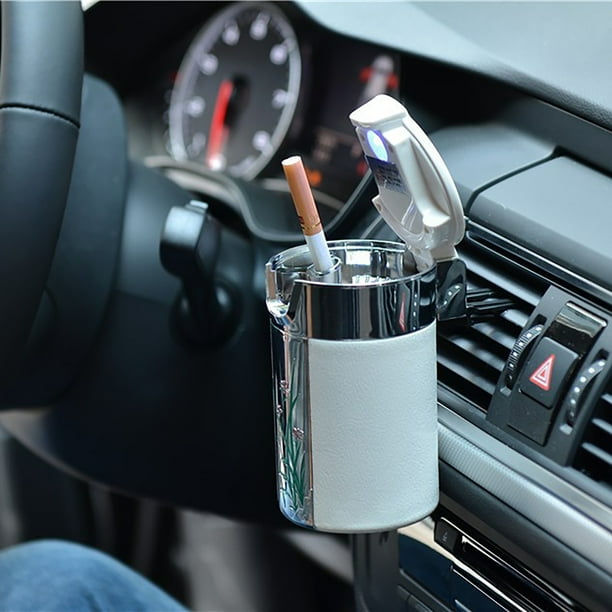 Cenicero de coche de fibra de carbono con LED, portátil, práctico y fácil de instalar, mini bote de basura de PVC blanco.