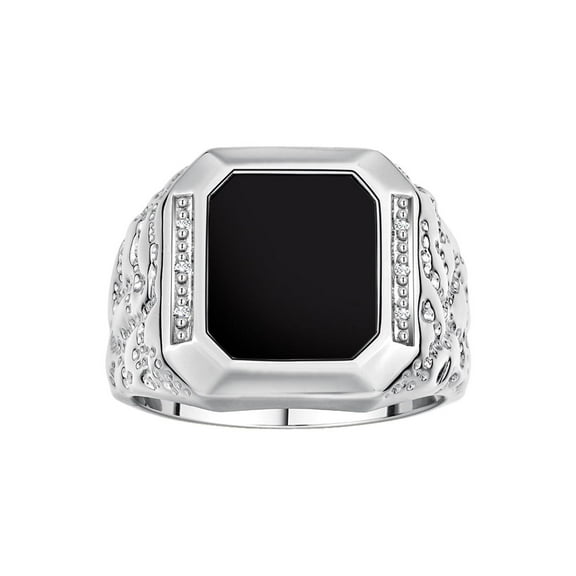 RYLOS Men's Rings 14K White Gold Ring With Diamonds and Black Onyx Set in Designer Nugget Style Rings For Men Size 8