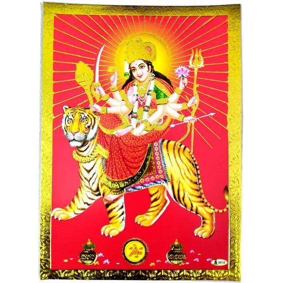 Goddess Durga Poster/ Reprint Hindu Goddess Picture with Golden Foil (Unframed : Size 5"X7" inches)