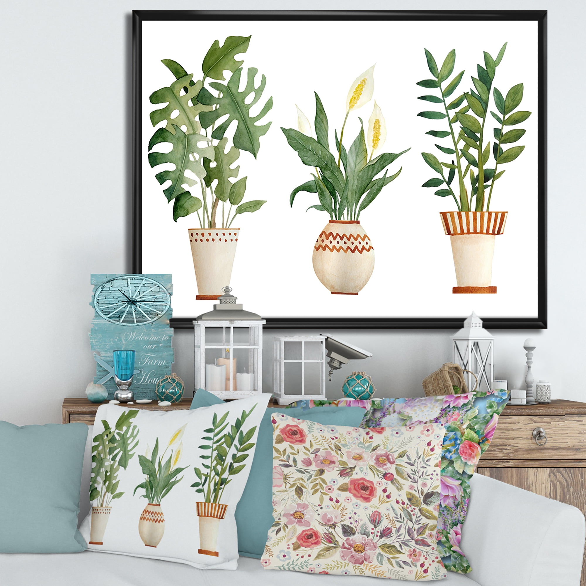 Designart 'Houseplant Peace Lily In Terra Cotta and Monstera' Farmhouse Framed Canvas Wall Art Print