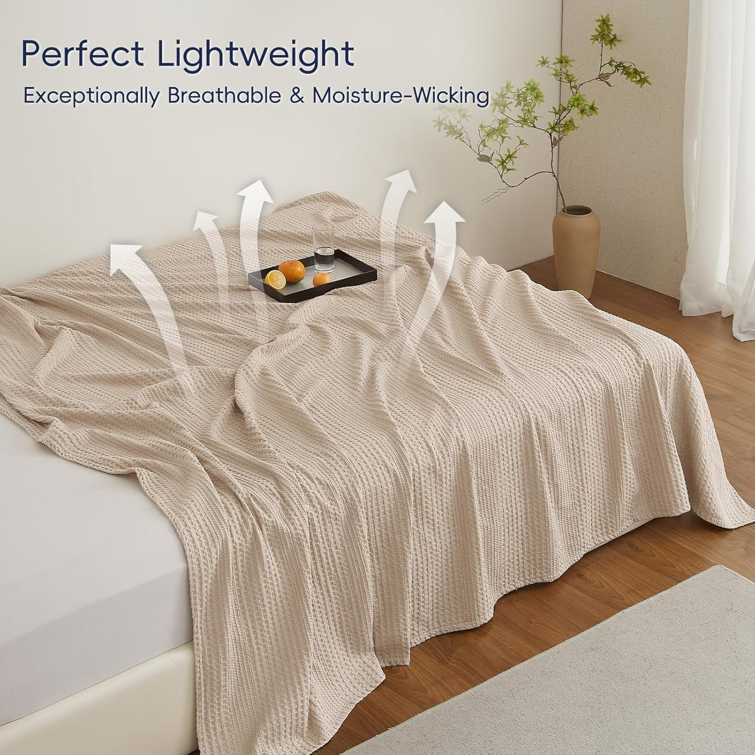 PHF Ultra Soft Waffle Weave Blanket King Size for Bed, Lightweight and Breathable Blanket, Perfect for Hot Sleepers, 104"x 90", Light Tan