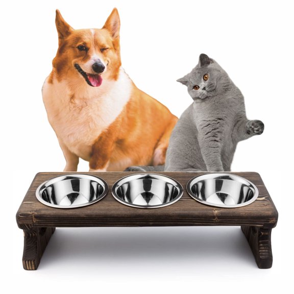 Pit stop Pet Food Bowls with Stand, Puppy Dog Feeding Bowls With Non-Skid Wooden Stand, Set of 2 Stainless Steel Food and Water Bowls for Dogs and Cats With Pine Wood Holder-Natural Wood Color-PET0015