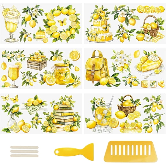 6 Sheets Rub on Transfers, Yellow Lemon Series Pattern Furniture Transfer Stickers Waterproof Decals for Cup Wrap Window Crafts, 15 * 30cm