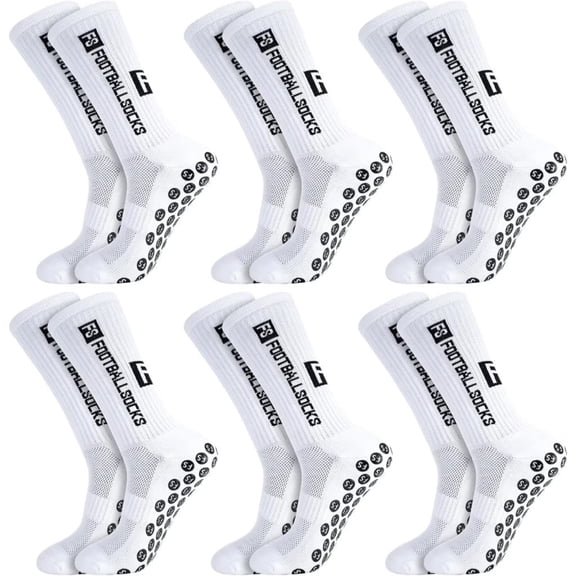 6 Pairs Anti Slip Soccer Socks for Men, 6-11 US Size Cotton White Athletic Grip Socks