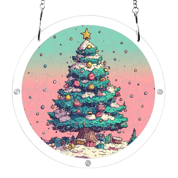 Dreamy Christmas Tree Acrylic Jigsaw Puzzles 83 Pieces Suncatcher for Window Hanging 7.5 Inch Holiday Home Decor