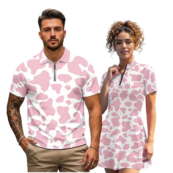 Binienty Pink Cow Print His and Hers Golf Outfit Set Relaxed Quarter Zip Athletic T-Shirts Tennis Workout Dress Outfits Fashion Short Sleeve Tennis Golf Outfit for Men Women